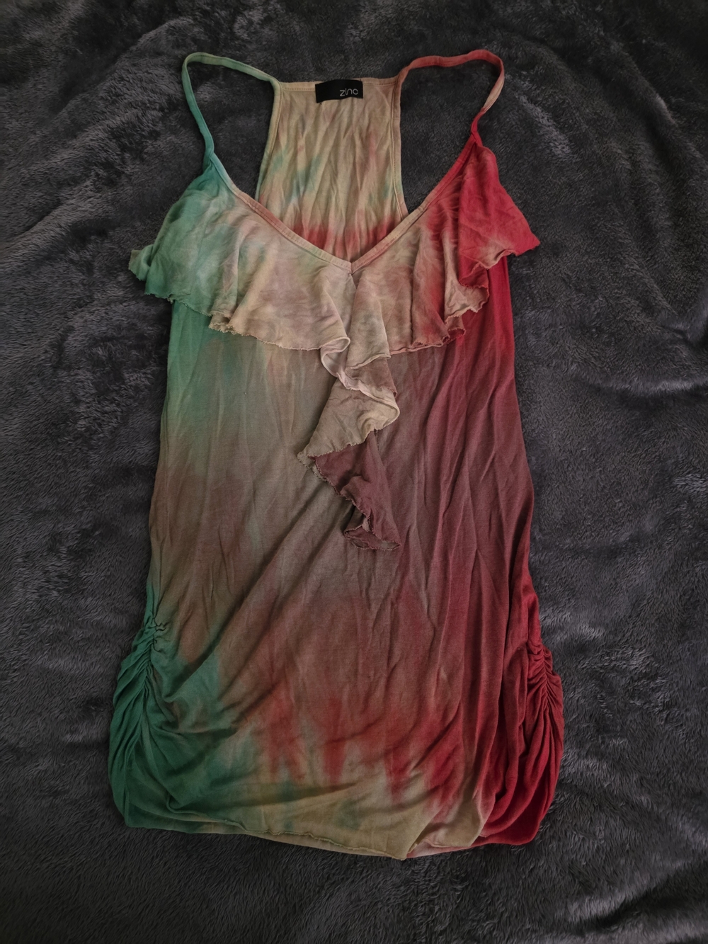 zinc Multicolor Tie-Dye Ruffle V-Neck Camisole in Green, Red, Beige